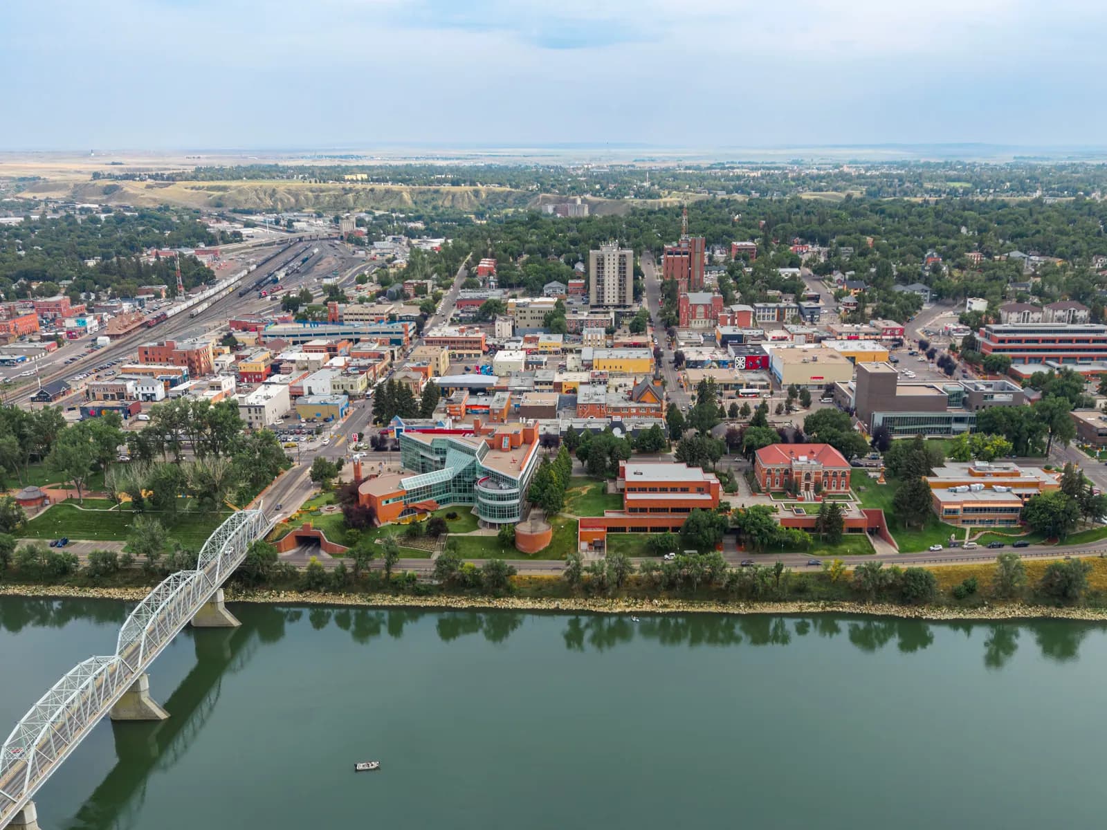 Medicine Hat, AB — aerial downtown and the South Saskatchewan River